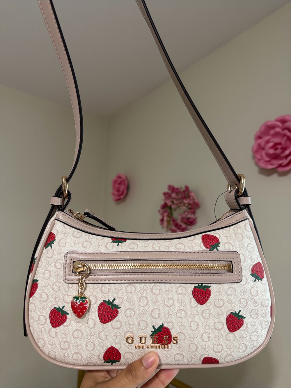 Guess Pink Strawberry Print Shoulder Bag